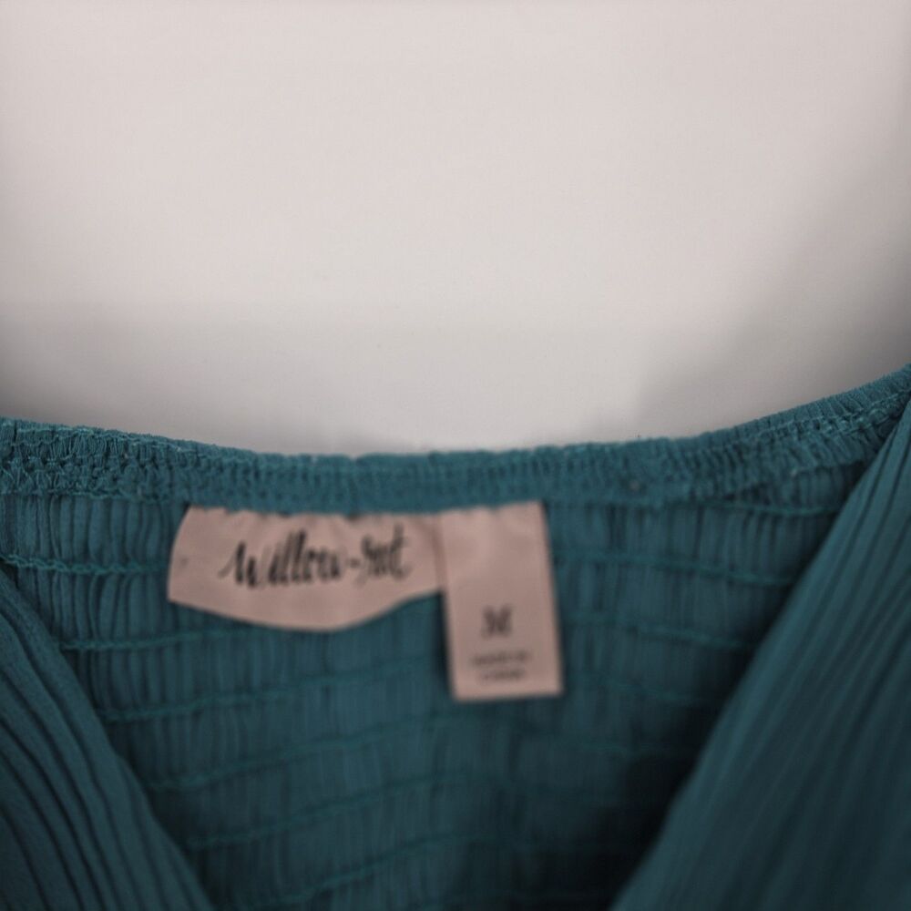 Willow & Root Womens Teal Smocked Ruched Tie Front Ruffle Chiffon Blouse Medium - Picture 5 of 8